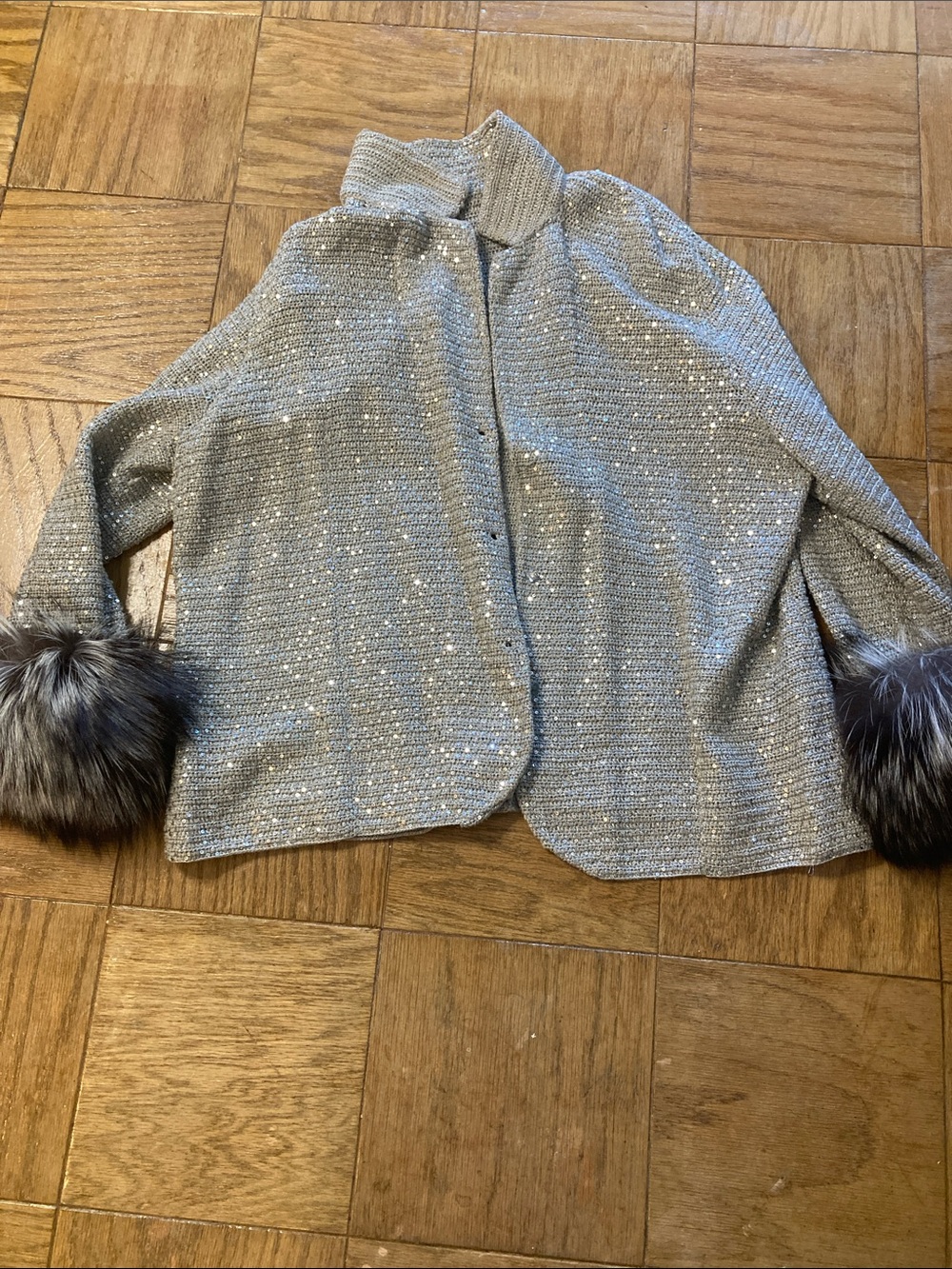 Metallic Silver Knit Cardigan real FOX Fur Cuffs